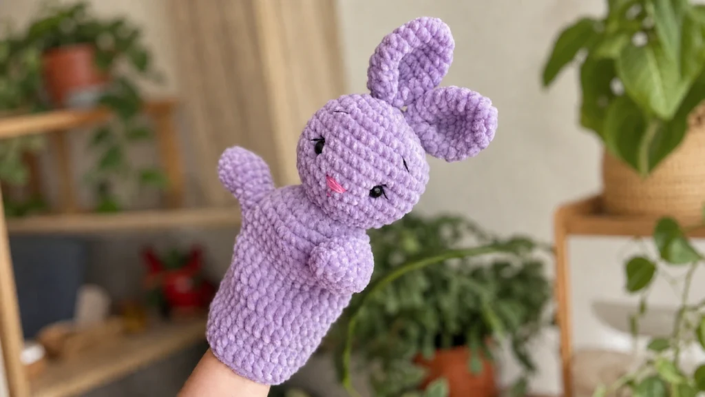 Free crochet bunny pattern shown as a soft gray plush bunny hand puppet with floppy ears and an embroidered face.