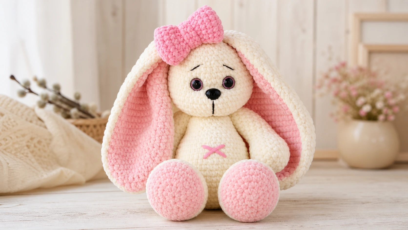 Crochet bunny pattern free shown as a large cream plush rabbit with floppy pink and cream ears and a pink bow.