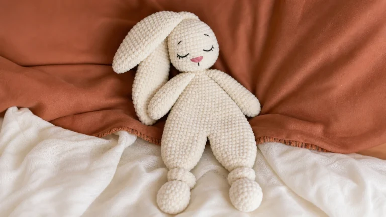 Crochet pattern for bunny shown as a soft plush snuggle bunny with floppy ears and a sleepy embroidered face resting on a bed.