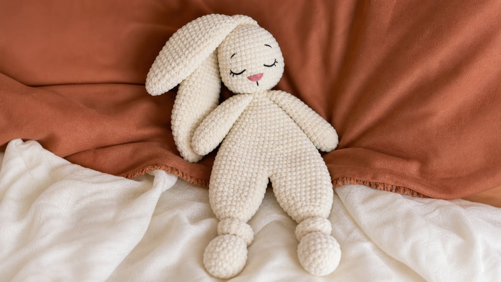 Crochet pattern for bunny shown as a soft plush snuggle bunny with floppy ears and a sleepy embroidered face resting on a bed.