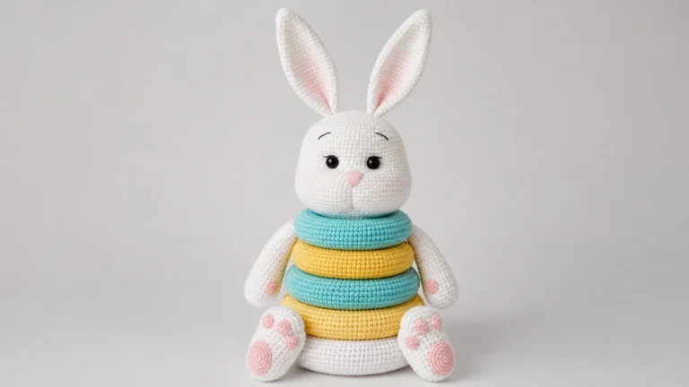 Bunny crochet pattern free shown as a colorful stacking ring toy with a white bunny head and striped turquoise and yellow body.