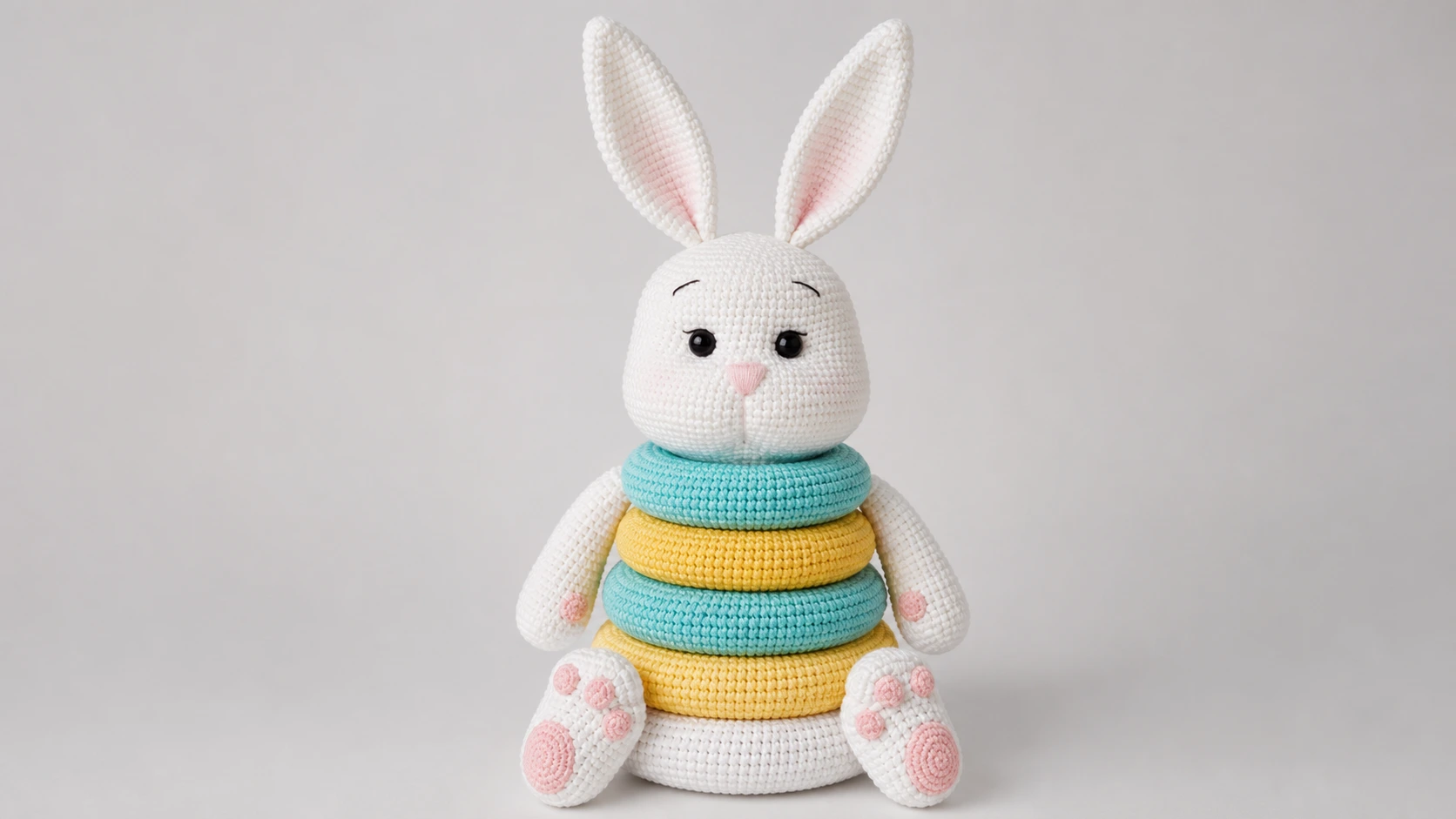 Bunny crochet pattern free shown as a colorful stacking ring toy with a white bunny head and striped turquoise and yellow body.