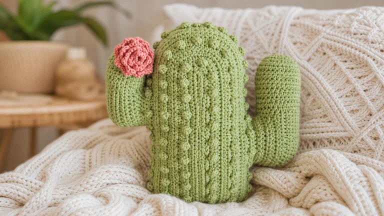 Cute crochet ideas example — a sage green bobble cactus pillow with a pink flower resting on a cream blanket.