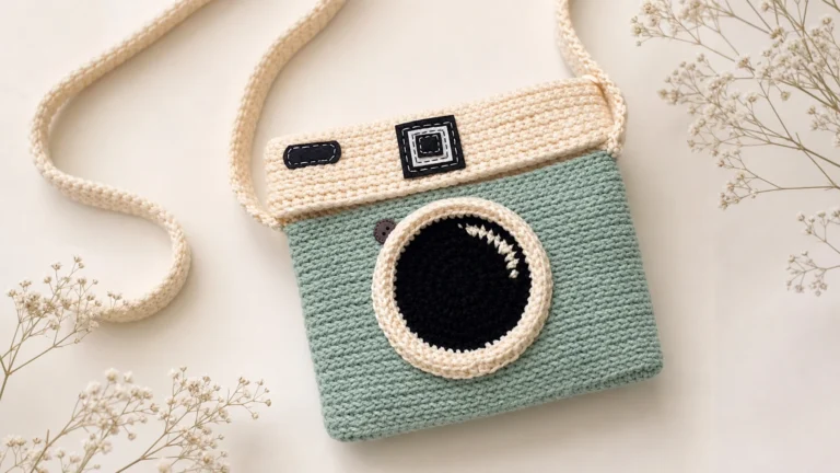 Free crochet patterns to download example — a sage green crochet camera crossbody bag with a black lens and cream trim.