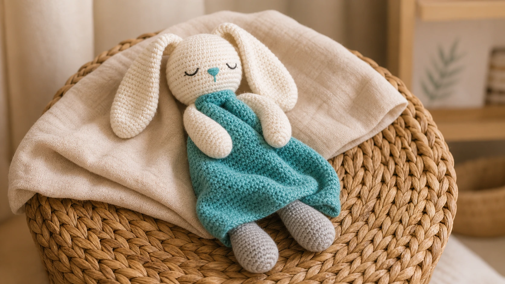 Free amigurumi patterns example — a cream sleeping bunny lovey with long ears holding a teal comforter blanket on a woven basket.