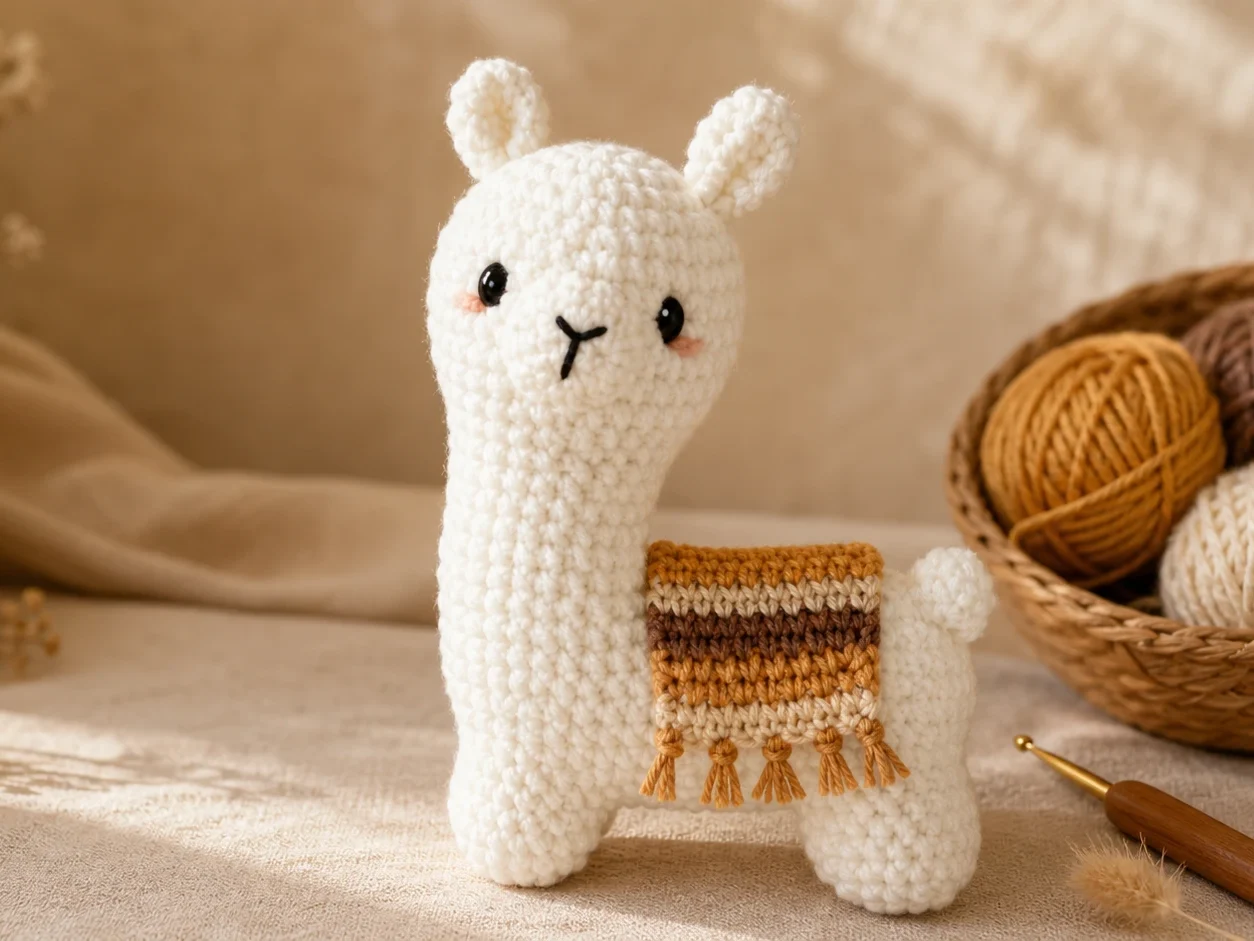 Small crochet projects: finished cream amigurumi llama with a honey gold and cocoa saddle blanket, front view
