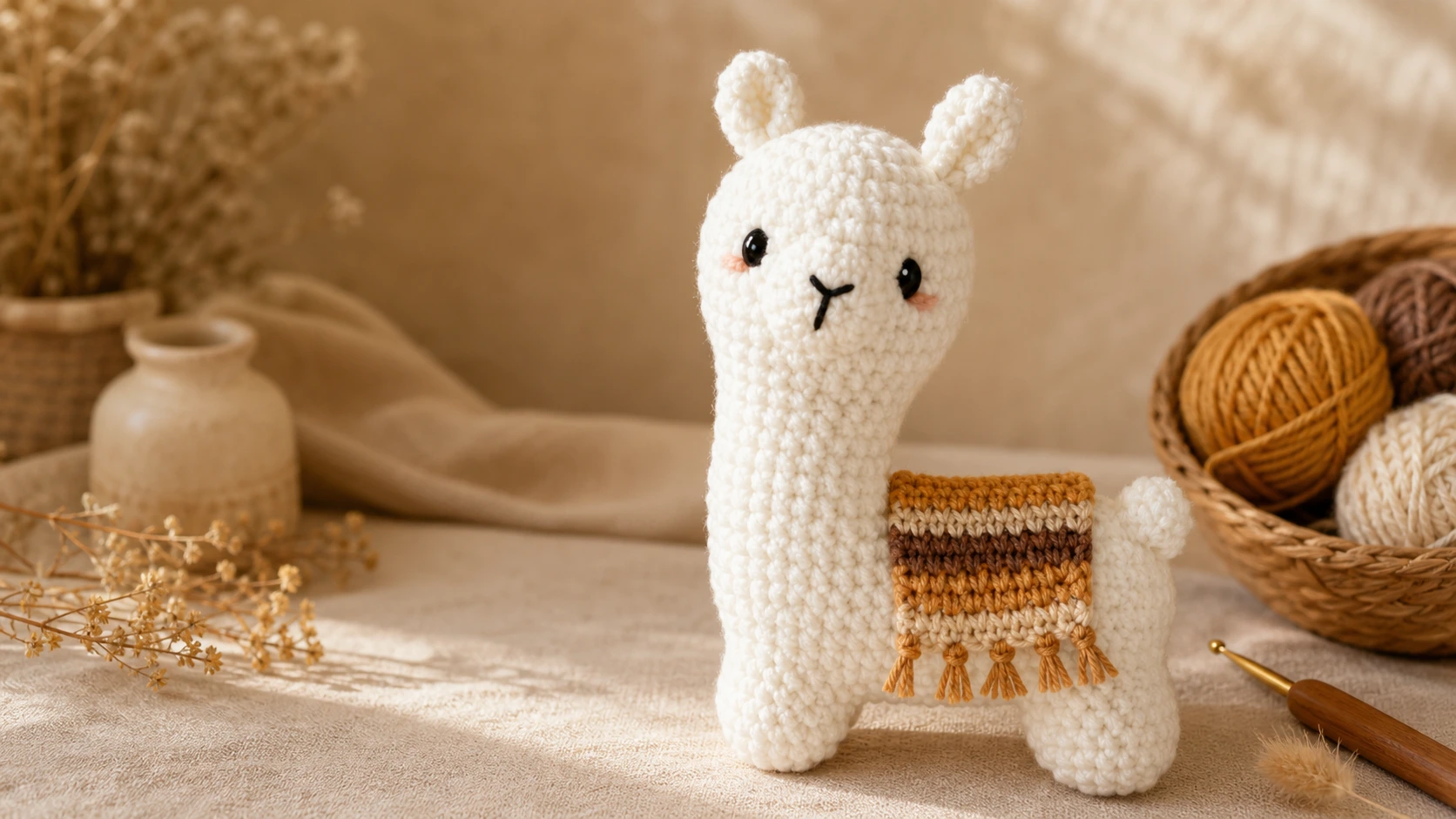 Small crochet projects: finished cream amigurumi llama with a honey gold and cocoa saddle blanket, front view