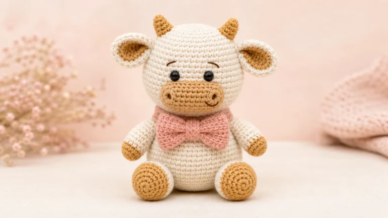 Free crochet amigurumi honey ox with tan muzzle, small horns, and a blush pink bow, sitting front view.