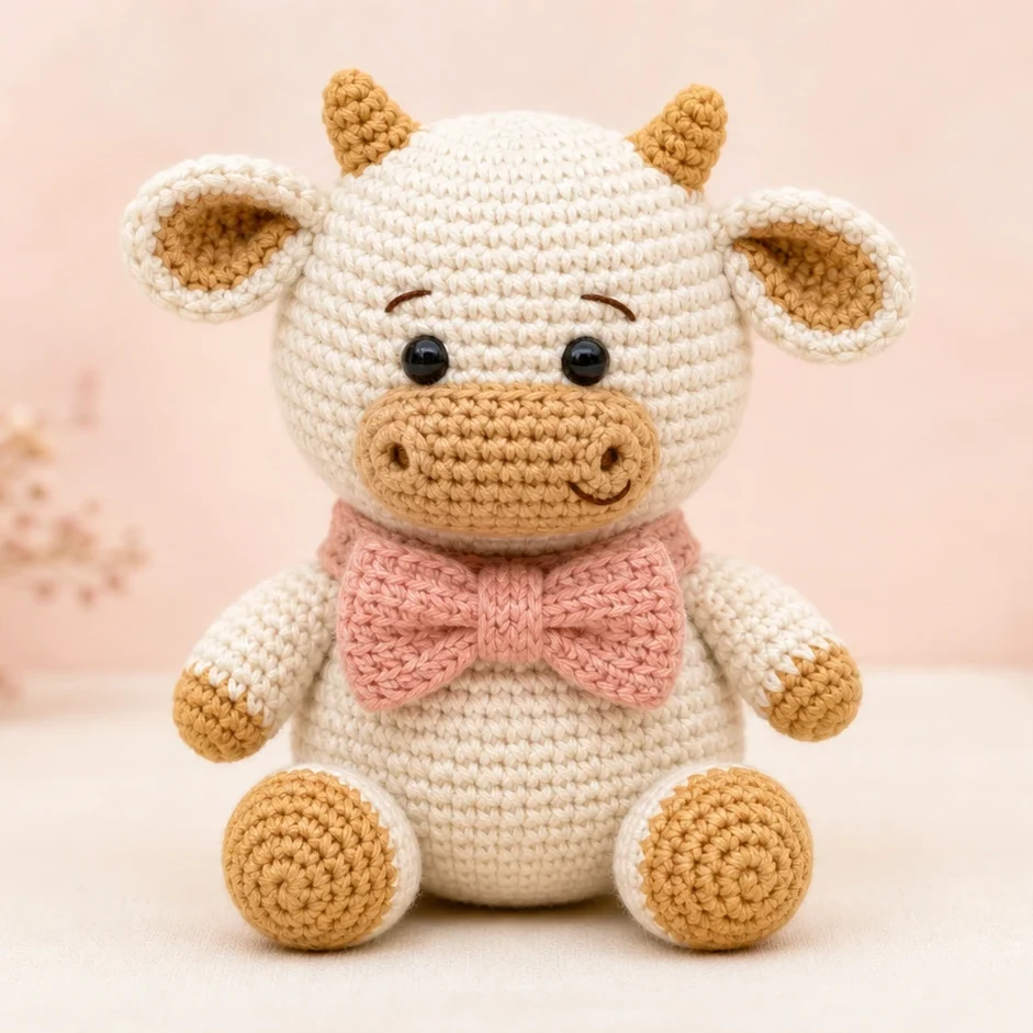 Free crochet amigurumi honey ox with tan muzzle, small horns, and a blush pink bow, sitting front view.